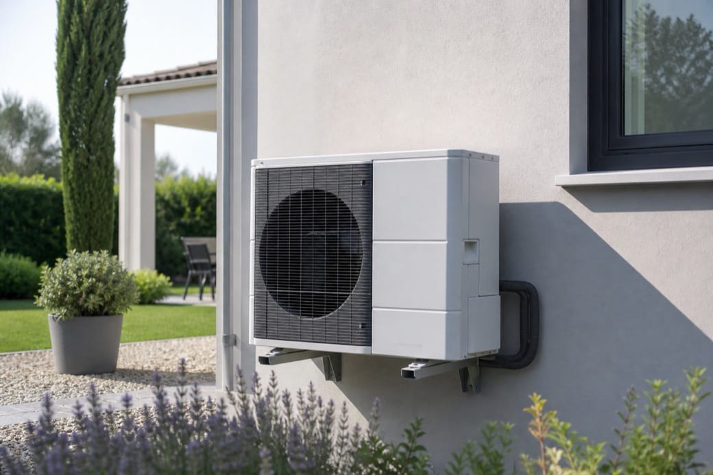 Unité extérieure de climatisation réversible posée sur support anti-vibratile